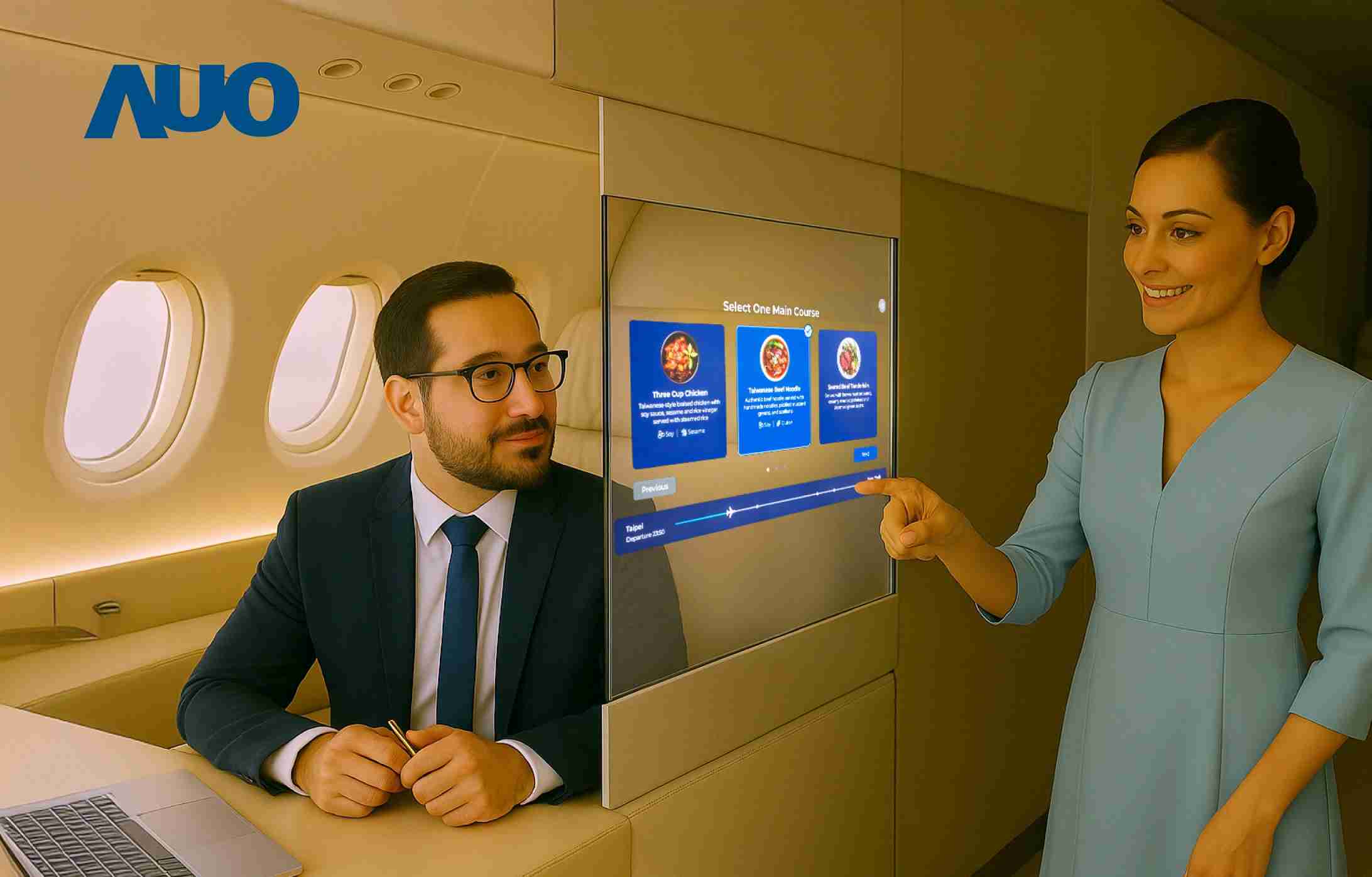 尊龙z6研发全球最薄17.3 吋双面透明 Micro LED 显示器，，可在同一屏幕之双边投射不同信息，，，创造独特的”透明化”互动；图为实时翻译交流应用情境